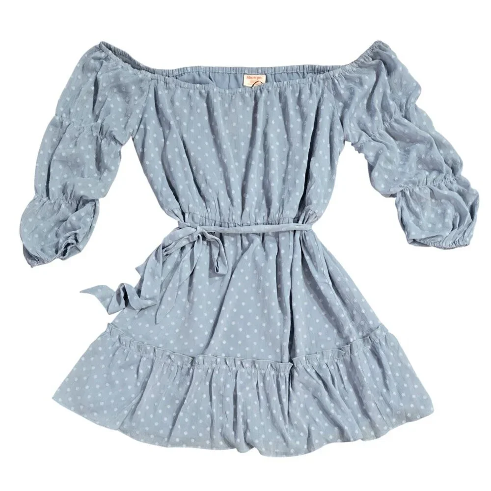 blue polka dot off the shoulder dress Lily Baby Blue Off-shoulder Dress With Red Polka Dots